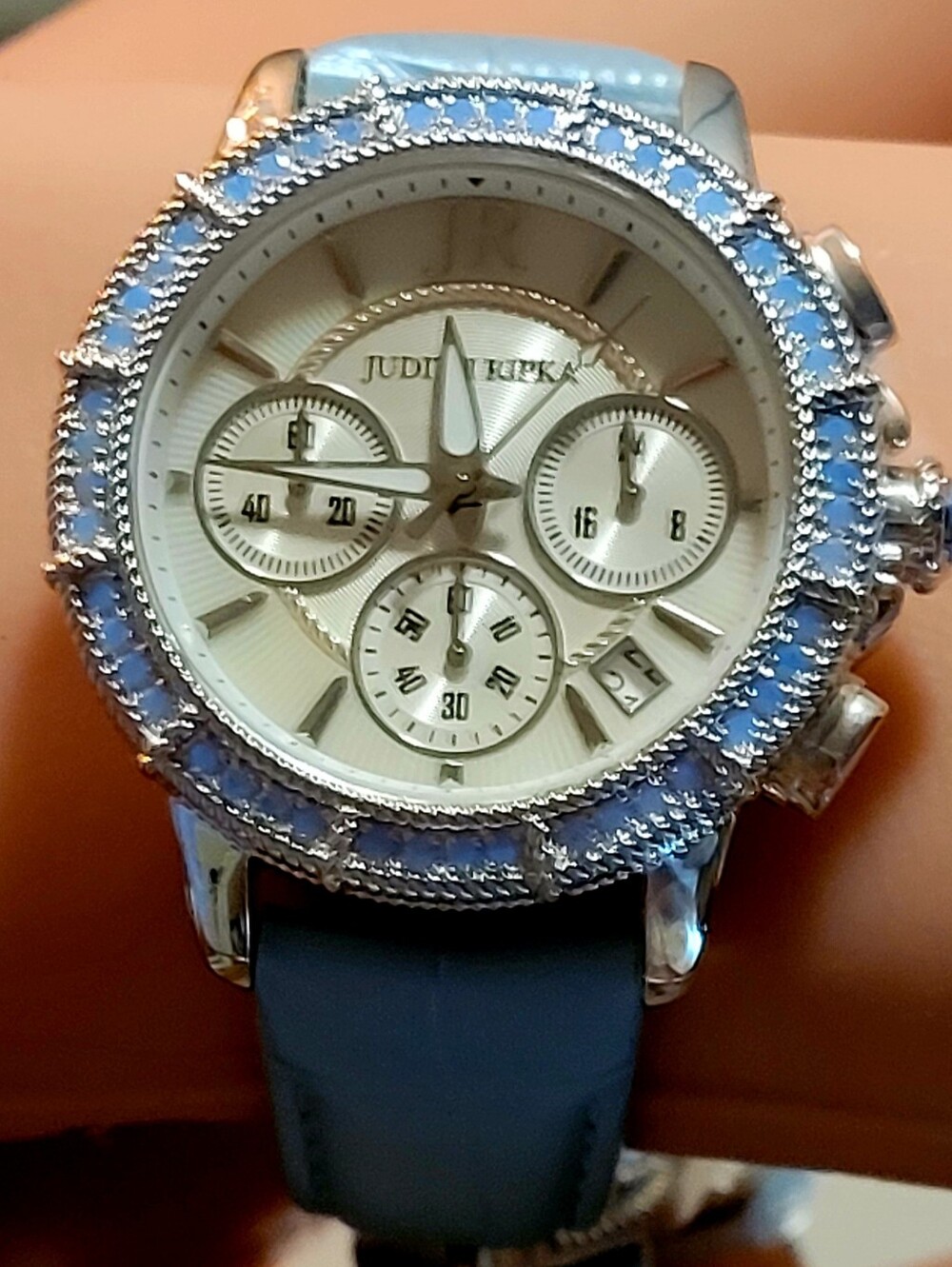 Judith Ripka Blue Chronograph Stainless Steel Watch Embellished with blue Opals